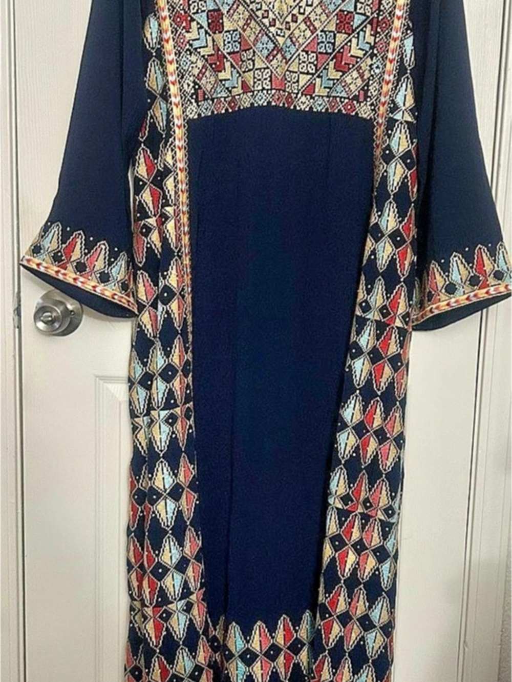 Embroidered Palestinian thobe/dishdasha in Blue & Red with matching belt